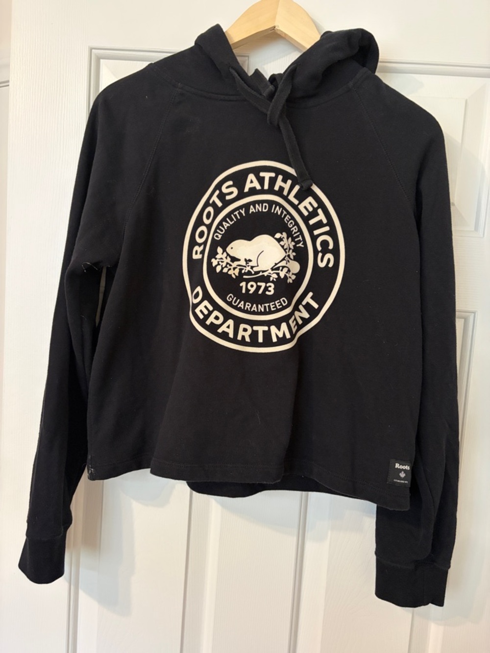 Roots Black Cropped Hoodie with White Logo